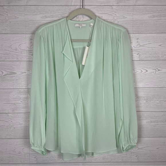 Vince Shirred Long Sleeve Silk Blouse Size Small Sea-foam Green NWT - Picture 12 of 12